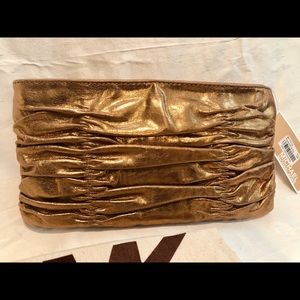 Michael Kors Metallic Gold Ruched Leather Clutch